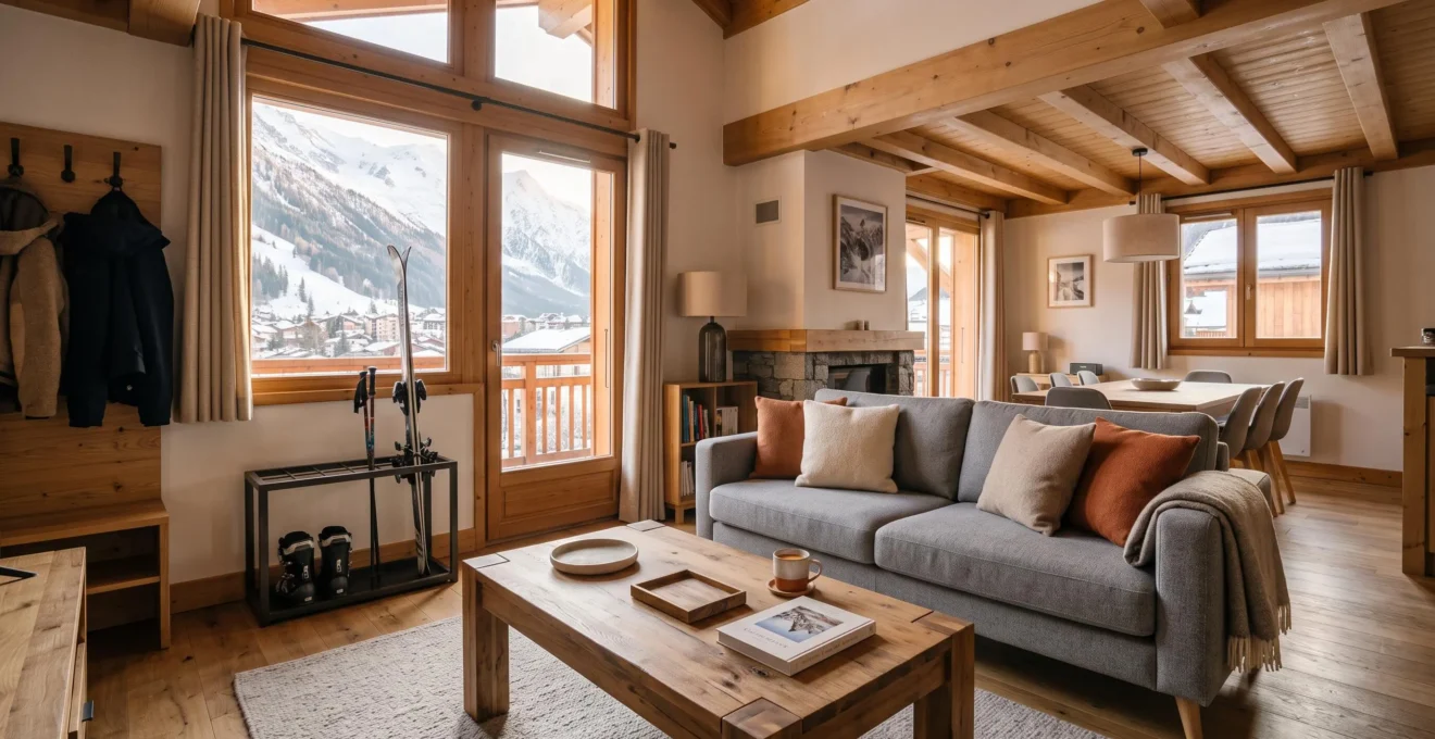 Intérieur d'un appartement de montagne meublé avec salon et vue sur les Alpes
