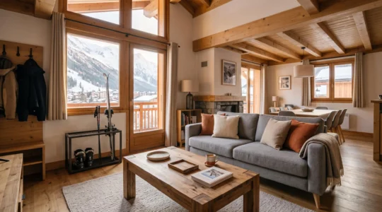Intérieur d'un appartement de montagne meublé avec salon et vue sur les Alpes