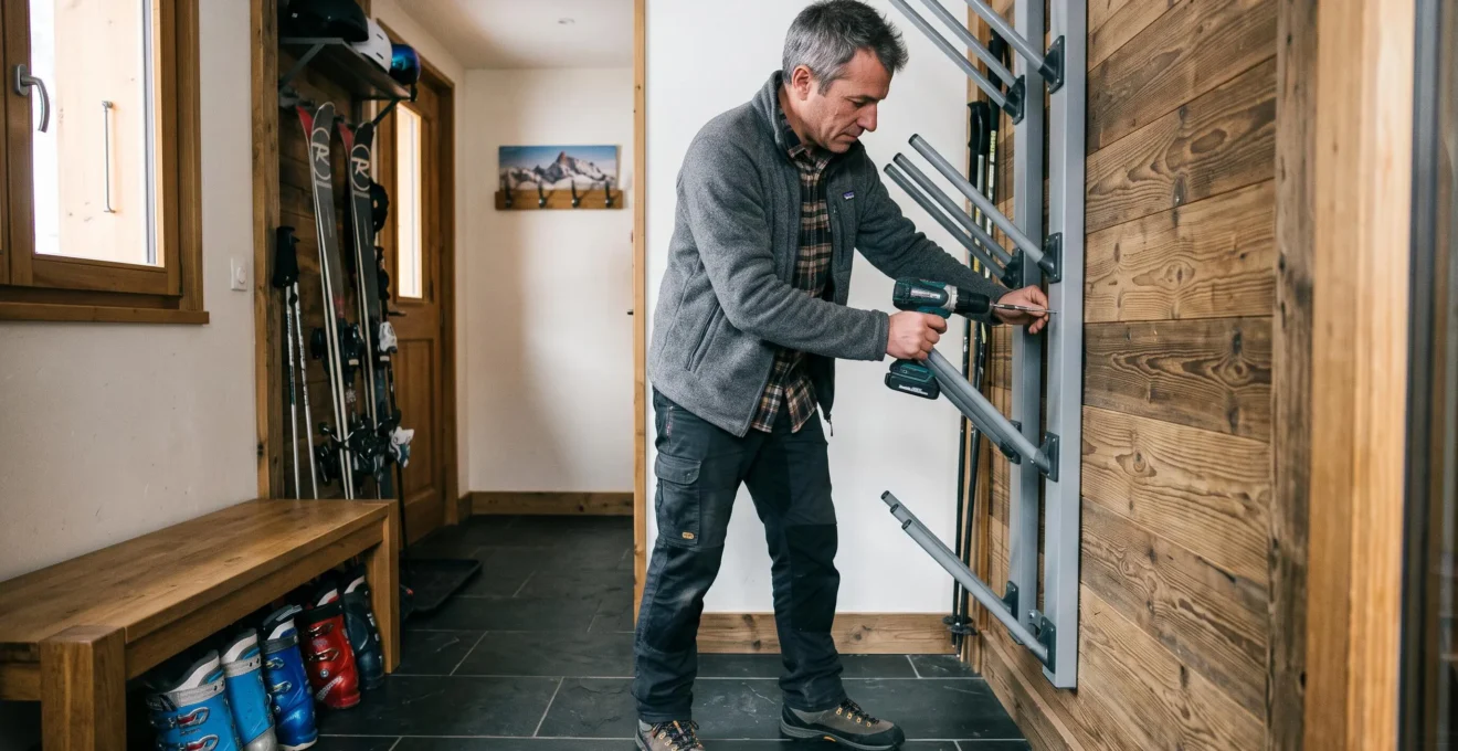 Propriétaire organisant l'espace de rangement pour équipements de ski dans un appartement de location
